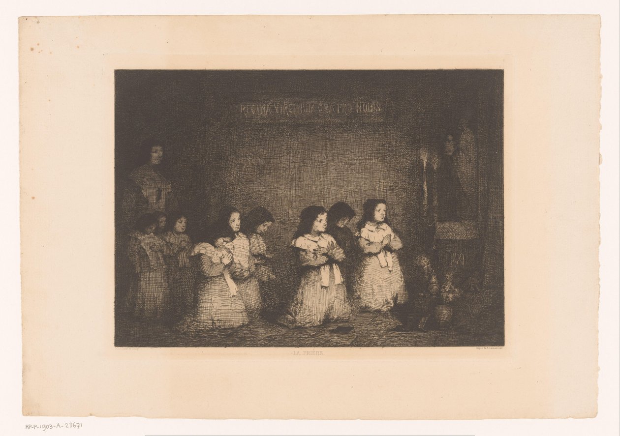 En gruppe jenter i bønn foran en statue av Maria La Priere (tittel på objekt) Eaux-Fortes Modernes: Originales et Inédites (serietittel) av Théodule Augustin Ribot