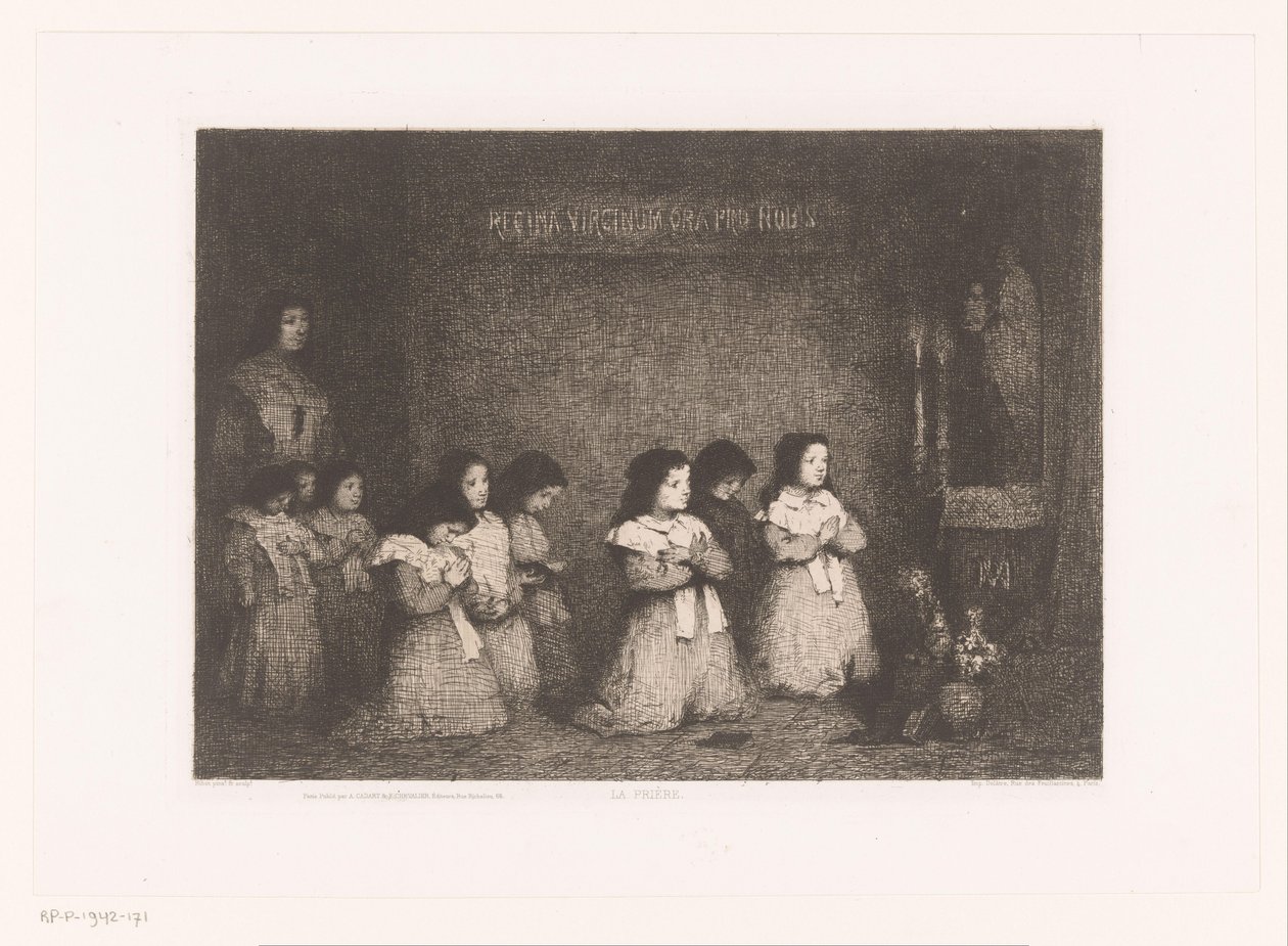 En gruppe jenter i bønn foran en statue av Maria La Priere (tittel på objekt) Eaux-Fortes Modernes: Originales et Inédites (serietittel) av Théodule Augustin Ribot