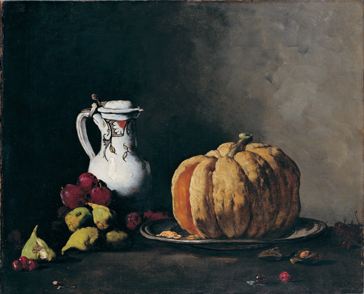 Stilleben med gresskar, plommer, kirsebær, fiken og kanne, ca 1860 av Théodule Augustin Ribot