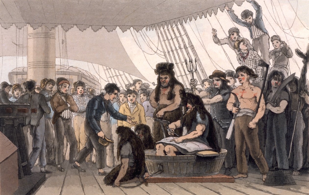 Krysser linjen (utkledning ved å krysse ekvator), fra "En pittoresk reise til India, langs Kinas vei", 1810 av Thomas und William Daniell