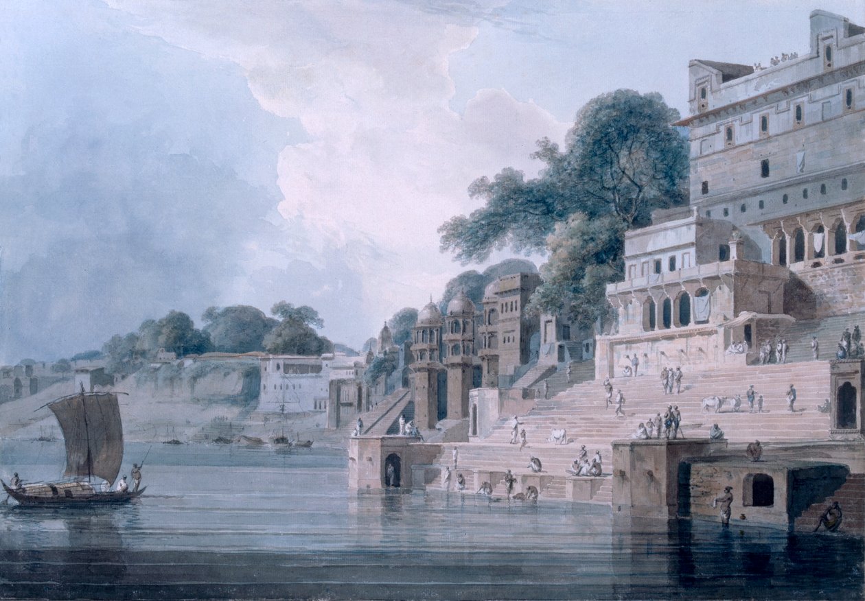 Dasasvamedha Ghat, Benares, Uttar Pradesh, ca. 1788-89 (farget akvatint) av Thomas und William Daniell