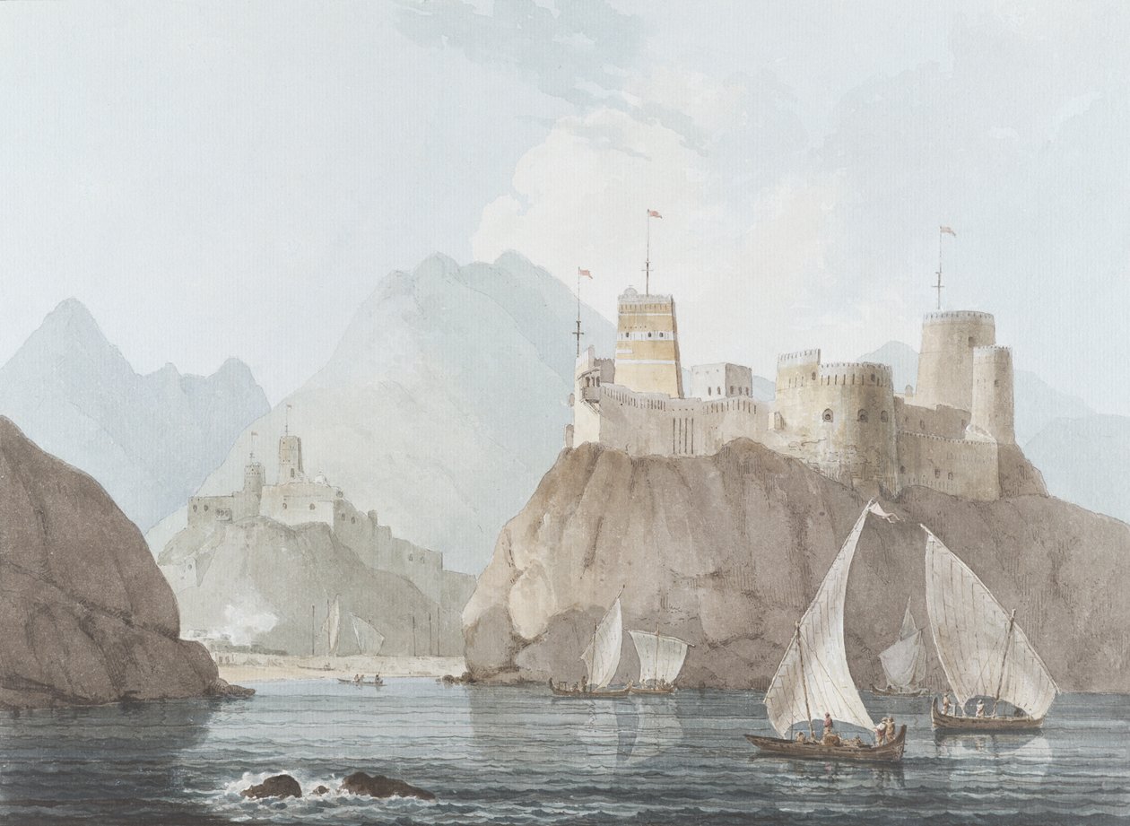 East View of the Forts Jellali and Merani, Muskah, Arabia, juni 1793 (wc, penn og blekk og blyant på papir) av Thomas und William Daniell
