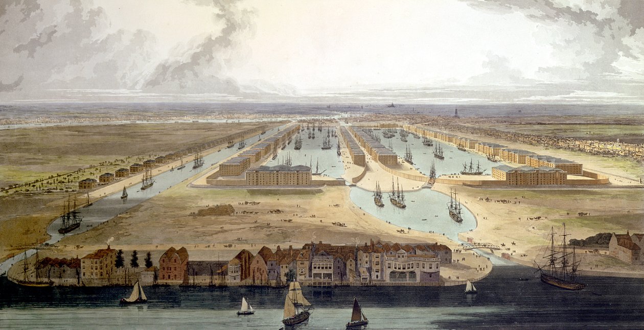 Forhøyet utsikt over den nye kaien og varehusene, 1802 av Thomas und William Daniell