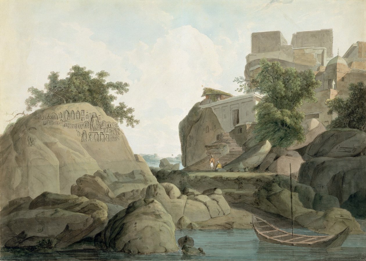 Fakirs klippe ved Sultanganj, ved elven Ganges, India, ca. 1790 (wc over grafitt på papir) av Thomas und William Daniell