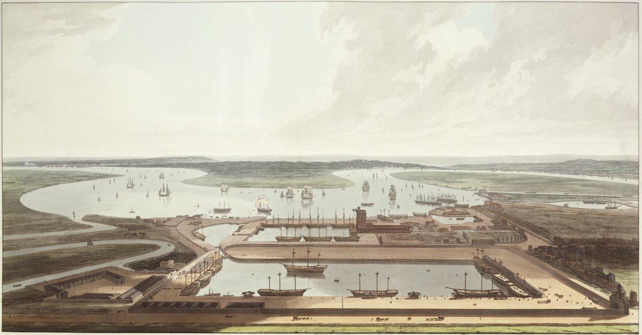 Utsikt over East India Docks, 1803 (akvatint) av Thomas und William Daniell