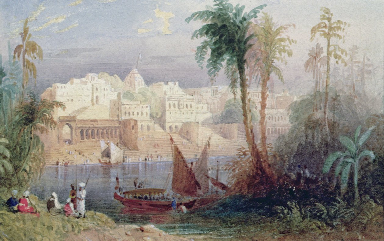 En utsikt over en indisk by ved siden av en elv, med båter på elven og figurer i forgrunnen av Thomas Allom