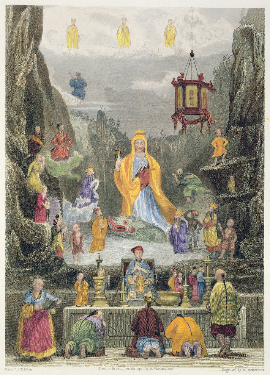 Alterstykke i 'Yun Stzoo Stzee'-tempelet, Ting-Hai, gravert av W. Wetherhead av Thomas Allom