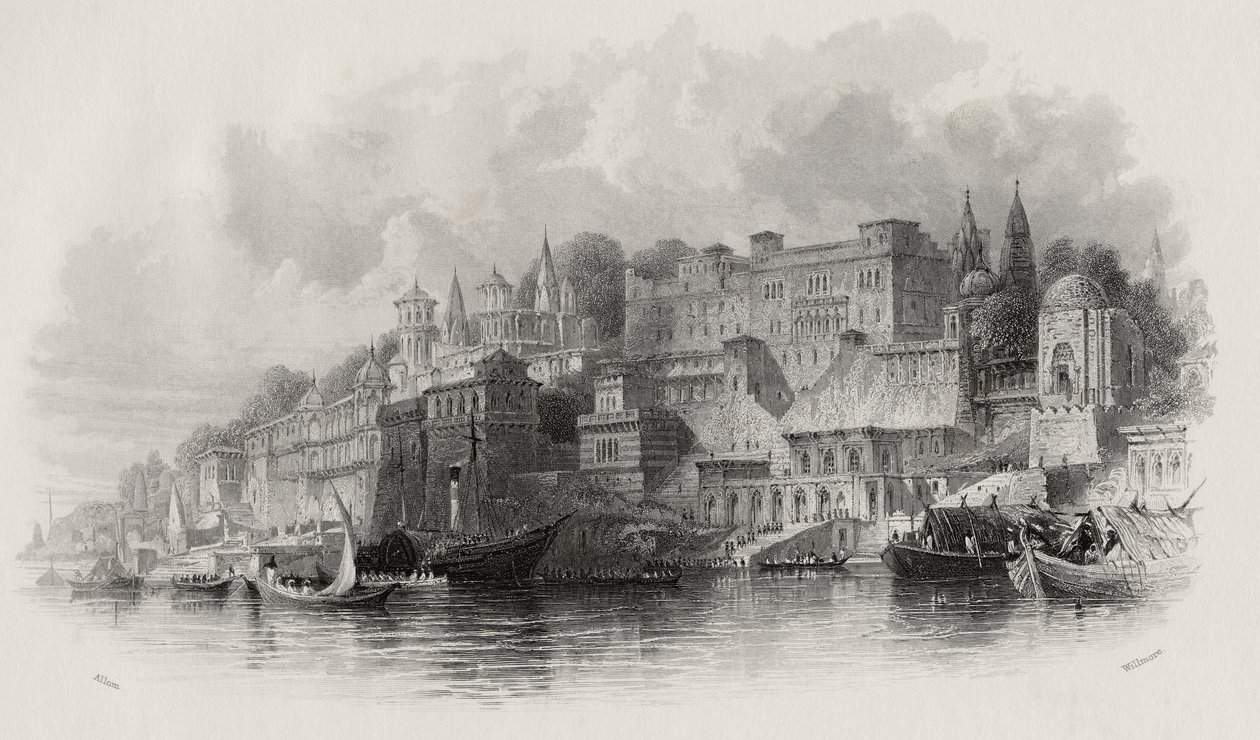 Benares, India, gravert av A. Willmore (1814-88) av Thomas Allom