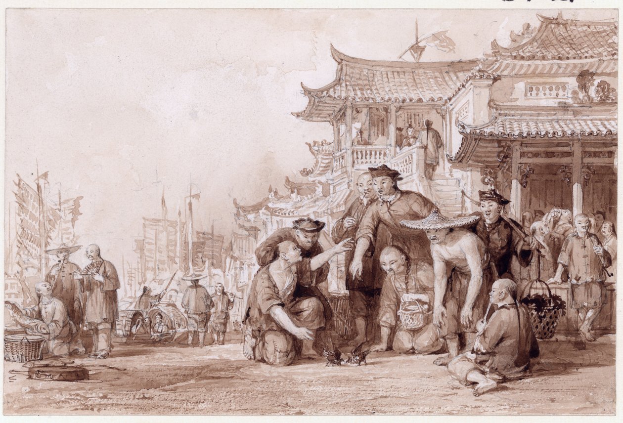 Canton Bargemen Fighting Quails, 1843 (blekk og blyant på papir) av Thomas Allom