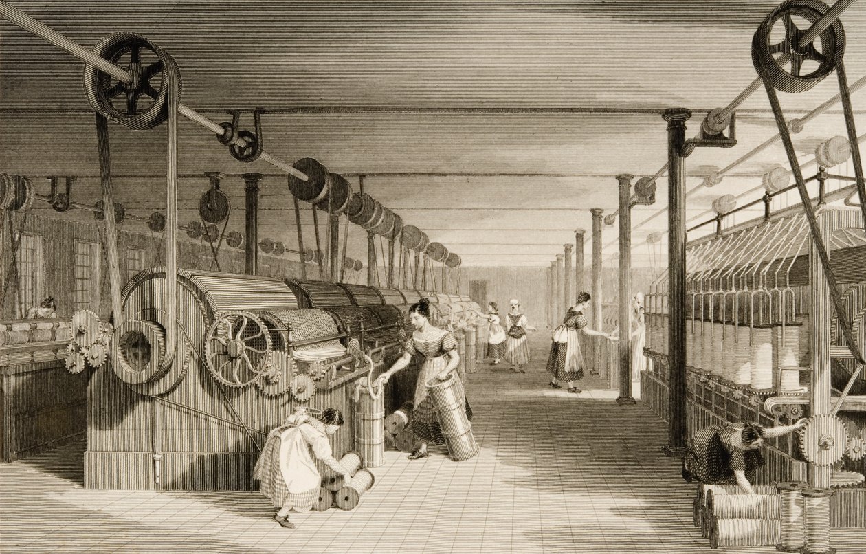 Karding, tegning og roving, bomullsfabrikkgulv, gravert av James Tingle (fl.1830-60) ca. 1830 av Thomas Allom