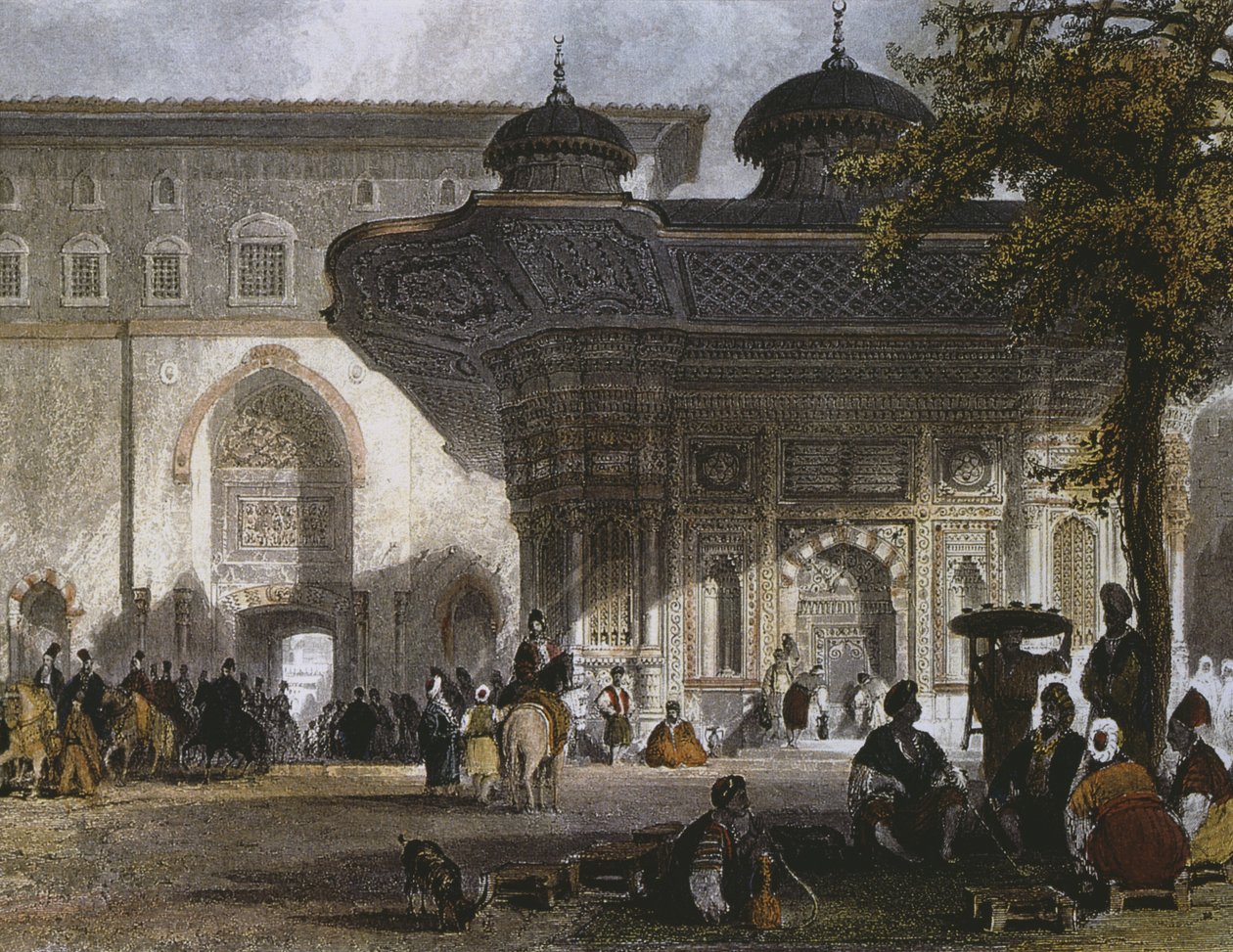 Den keiserlige porten til Topkapi-palasset og fontenen til Sultan Ahmed III, Istanbul, 1839 (fargegravering) av Thomas Allom