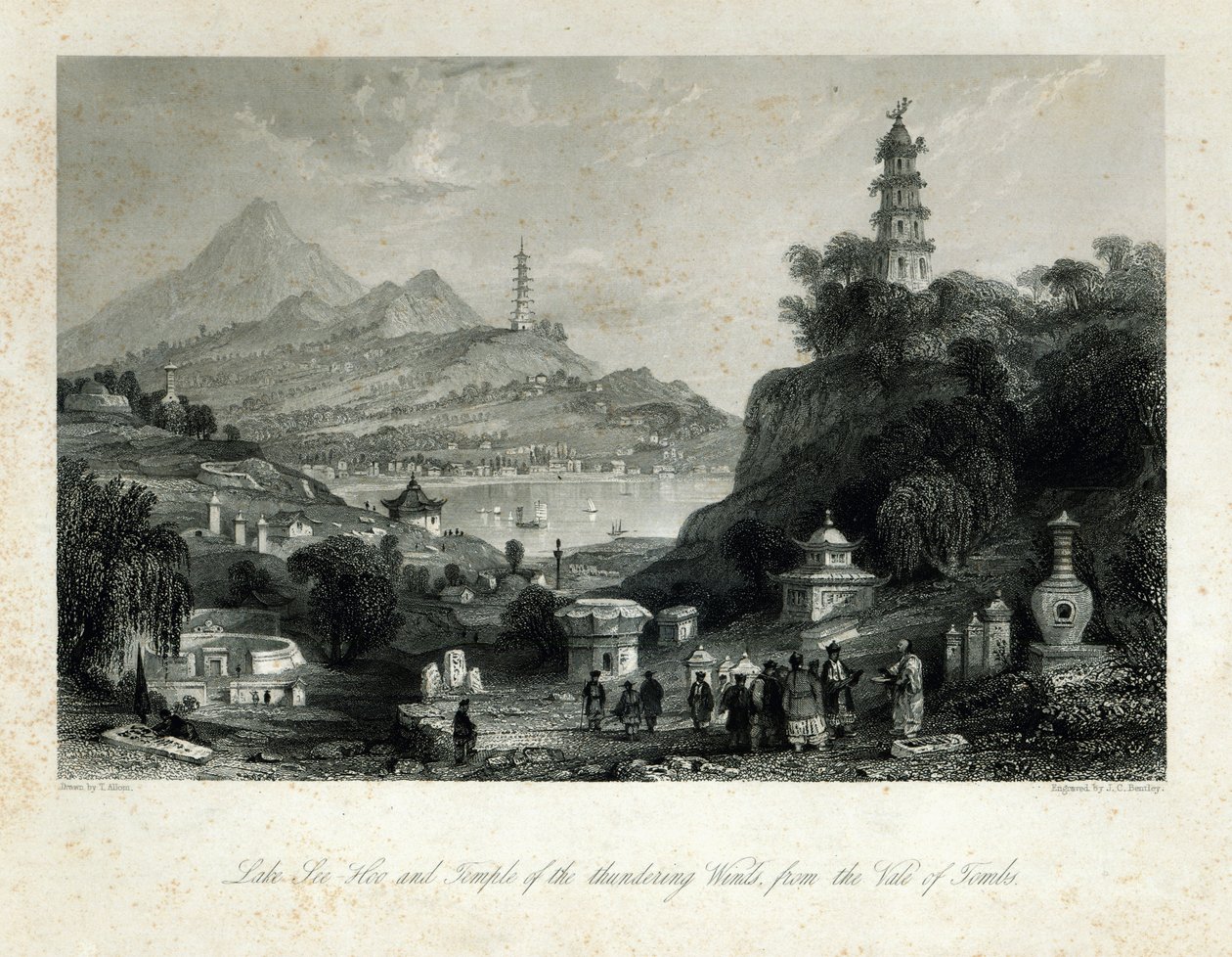 Lake See-Hoo og Temple of the Thundering Winds, fra Vale of Tombs, gravert av J.C. Bentley, 1843 (stålgravering) av Thomas Allom