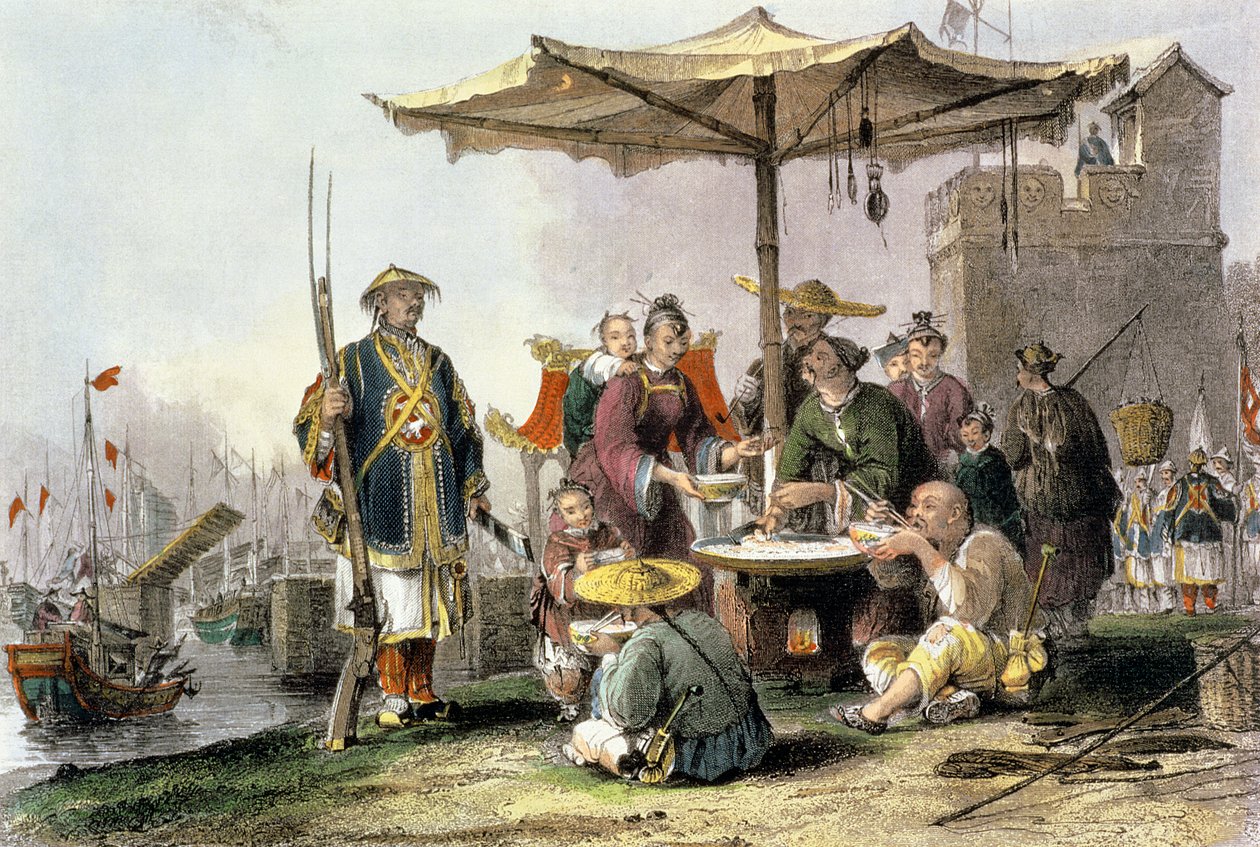 Rice Sellers at the Military Station of Tong-Chang-Too, fra 'China in a Series of Views' av George Newenham Wright (ca. 1790-1877) 1843 av Thomas Allom