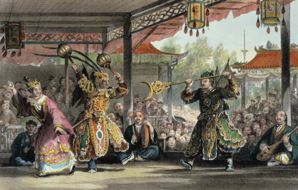 Scene fra skuespillet 'The Sun and Moon', fra 'China in a Series of Views' av George Newenham Wright (ca. 1790-1877) 1843 av Thomas Allom