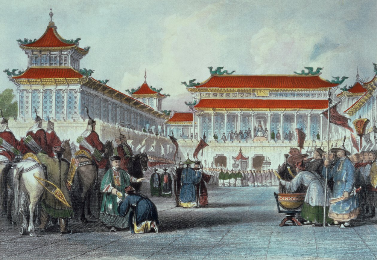 Keiseren Teaon-Kwang gjennomgår vaktene sine, Peking-palasset, fra "Kina i en serie med utsikter" av George Newenham Wright (ca. 1790-1877) 1843 av Thomas Allom