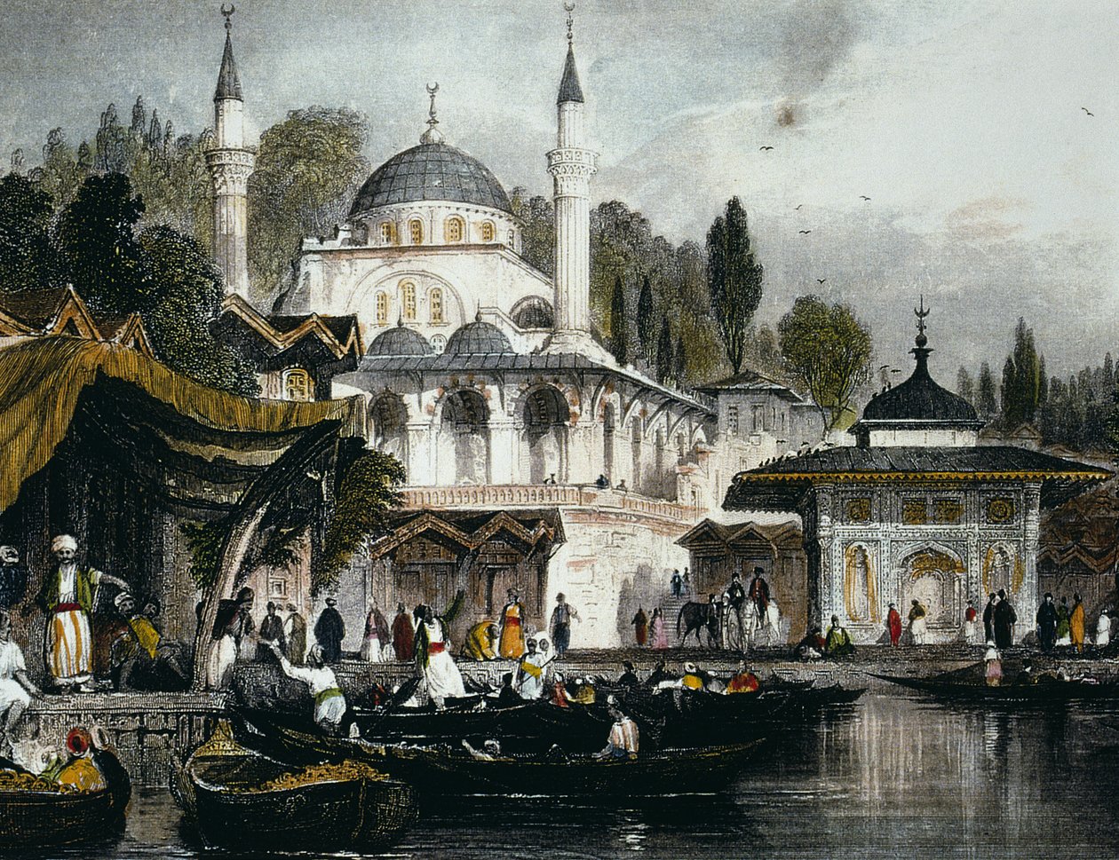 Mihrimah Sultan-moskeen ved Uskudar, på den anatoliske bredden av Bosporos, vendt mot Istanbul, 1839 (fargegravering) av Thomas Allom