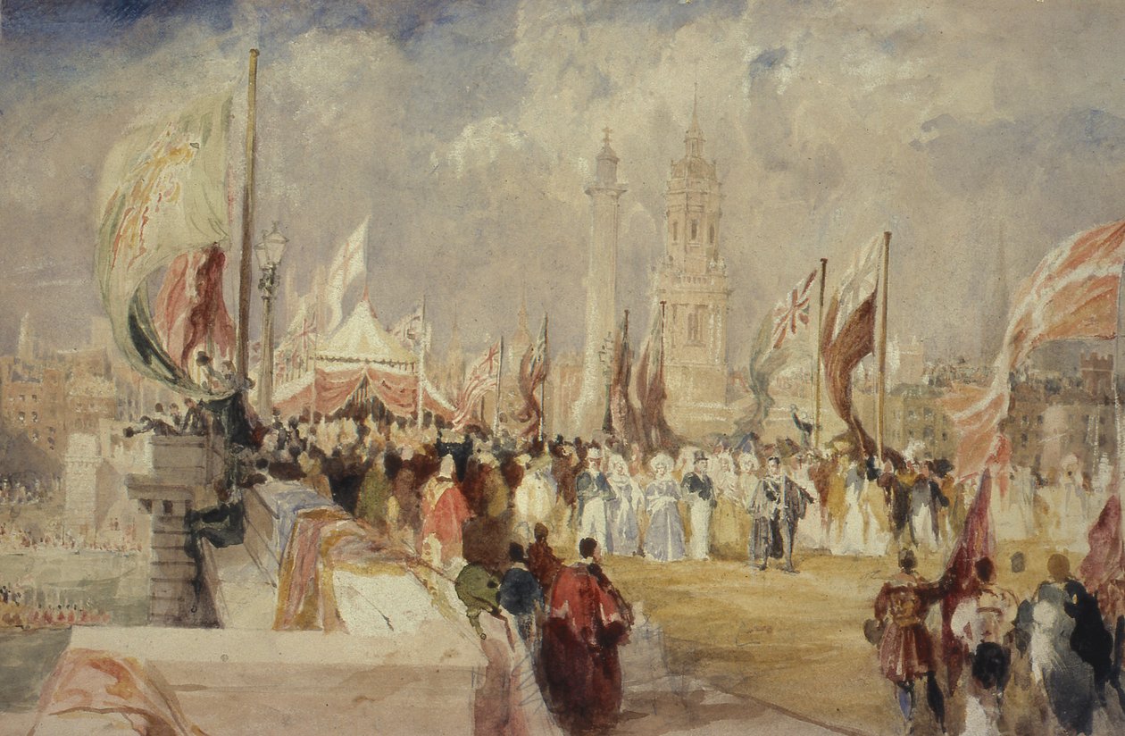 Åpningen av London Bridge av kong William IV og dronning Adelaide 1. august 1831 av Thomas Allom