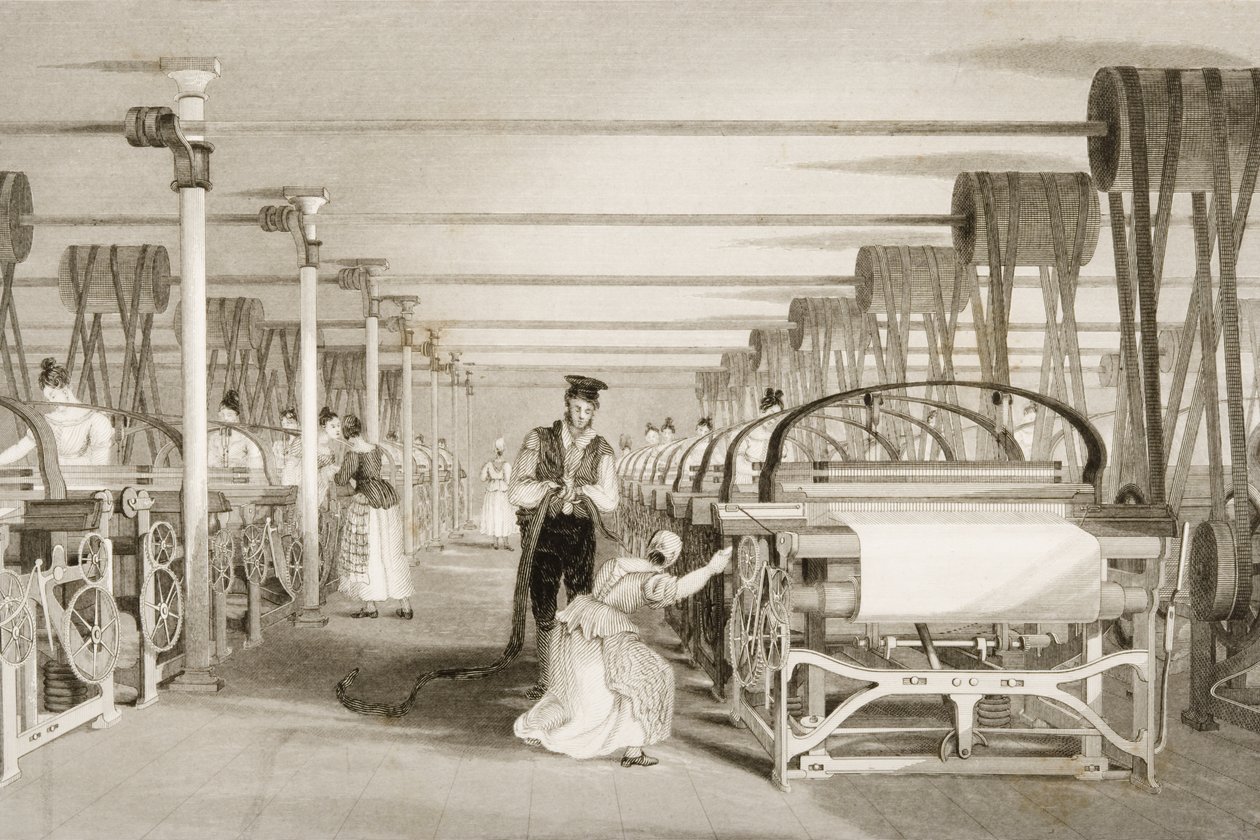 Veving på kraftvever, bomullsfabrikkgulv, gravert av James Tingle (fl.1830-60) ca. 1830 av Thomas Allom