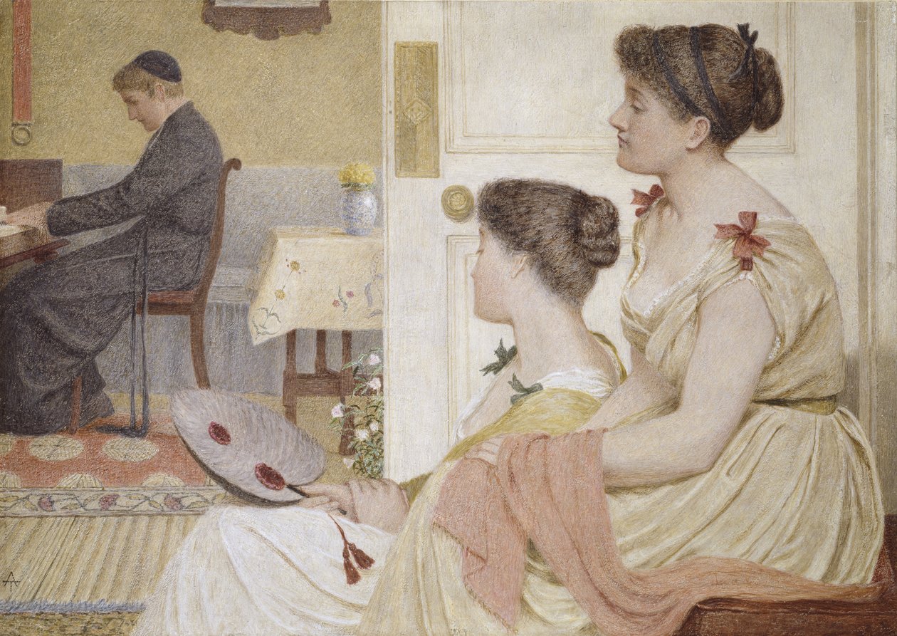 Drawing Room Scene med en ung prest ved pianoet (pastell og oljer) av Thomas Armstrong