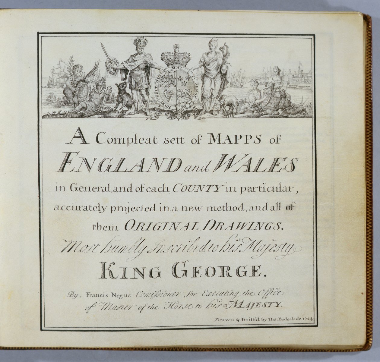 Tittelside av et komplett sett med kart over England og Wales generelt..., 1724 (penn og blekk og wc på papir) av Thomas Badeslade