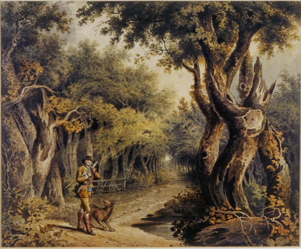 Skogsscene med Woodman og hund av Thomas Barker of Bath
