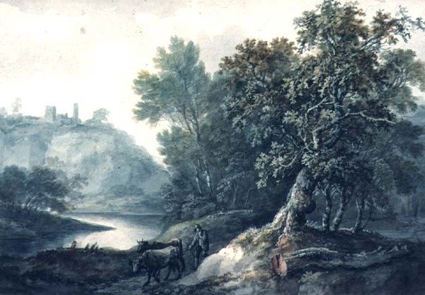 Landskap med elv og storfe (wc på papir) av Thomas Barker of Bath