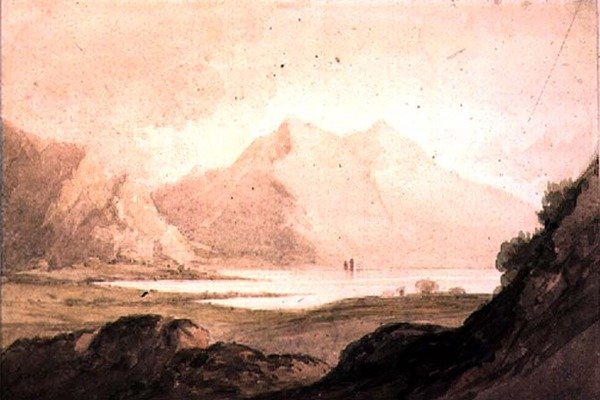 Snowdon, med Llanberis Lake (wc på papir) av Thomas Barker of Bath