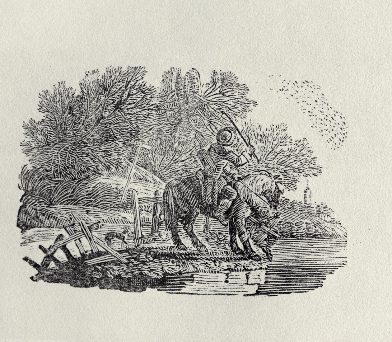 En rytter distrahert av en fugleflokk (tregravering) av Thomas Bewick