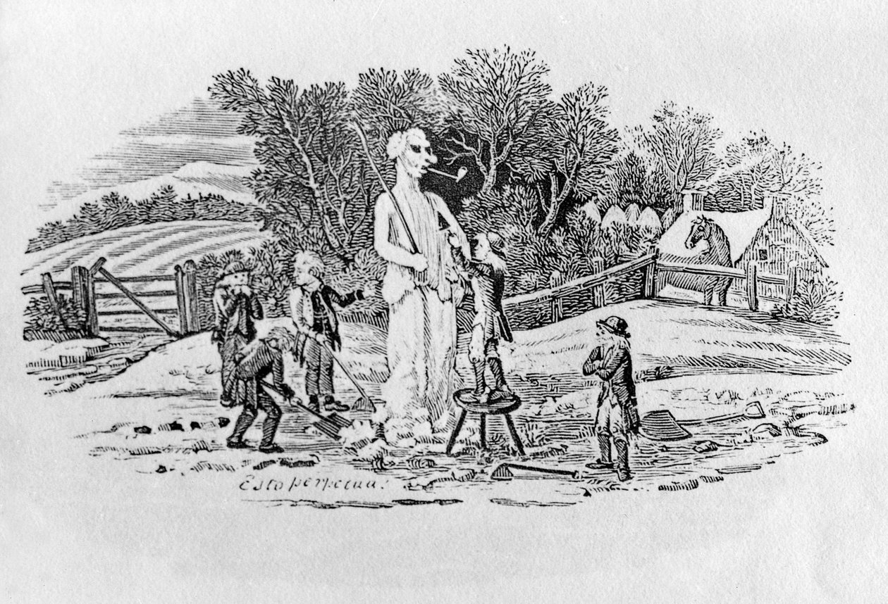 The Snowman at Cherryburn (Esto Perpetua), fra Land Birds, ca. 1797 (wwood gravering) av Thomas Bewick