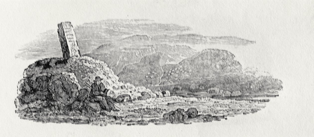 Reisende som leser under en milepæl (tregravering) av Thomas Bewick