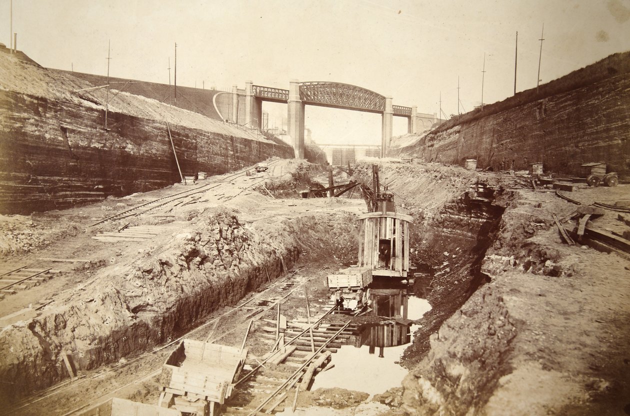 Latchford Viaduct, som viser låser i avstand (sepia-bilde) av Thomas Birtles