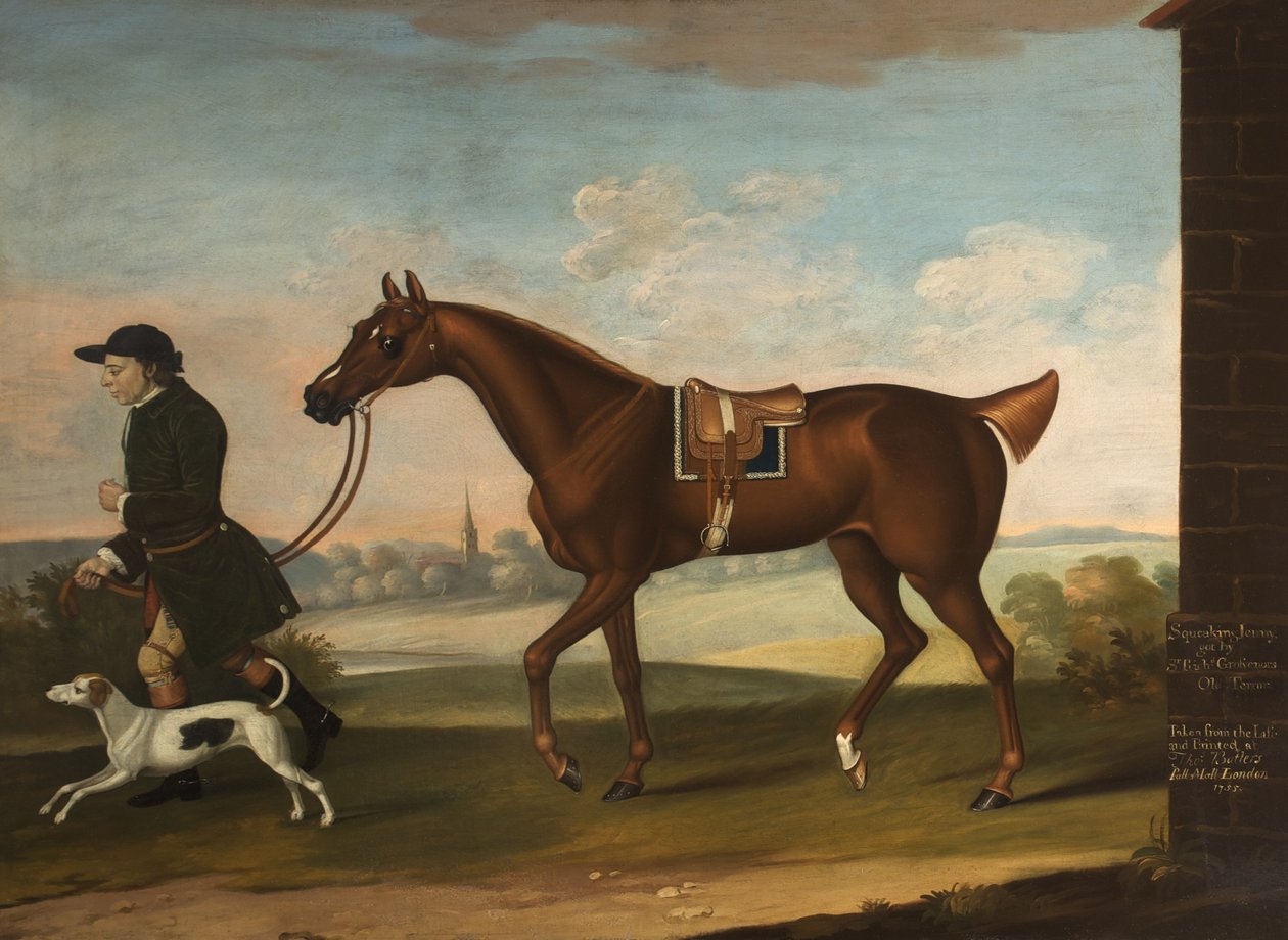 Squeaking Jenni Got av Sir Richard Grosvenors Old Terror med Sir P. B. Leicesters Groom and Hound, 1755 av Thomas, of Pall Mall Butler