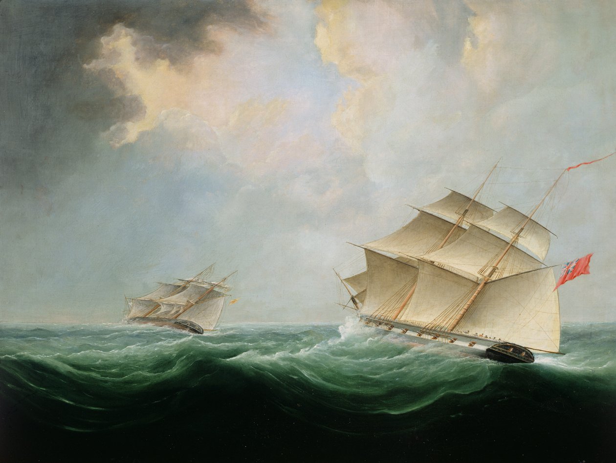 En marinebrig som forfølger en annen brigg av Thomas Buttersworth