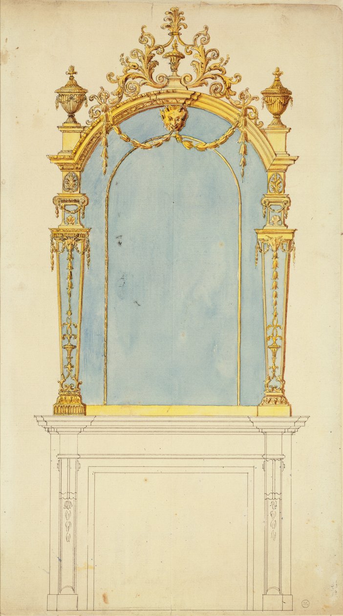 Design for et forgylt trespeil, ca. 1765-70 (penn og blekk med wc på papir) av Thomas Chippendale