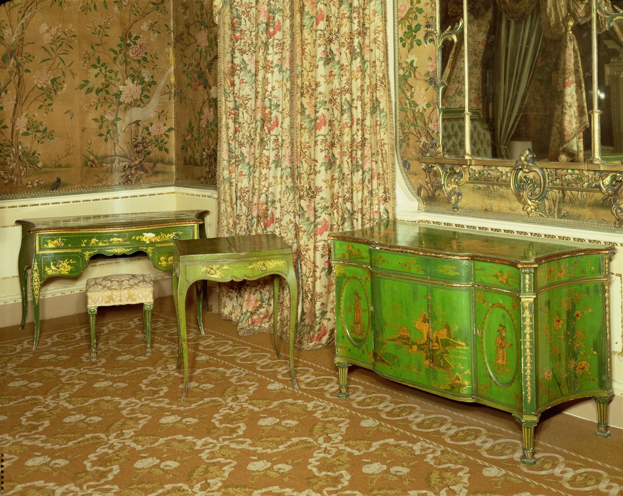 Grønne og gulllakkerte møbler i det statlige soverommet ved Nostell Priory, Yorkshire av Thomas Chippendale