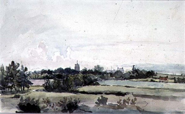 Suffolk-landskap, felt med et belte av trær, et kirketårn, hus og en vindmølle av Thomas Churchyard