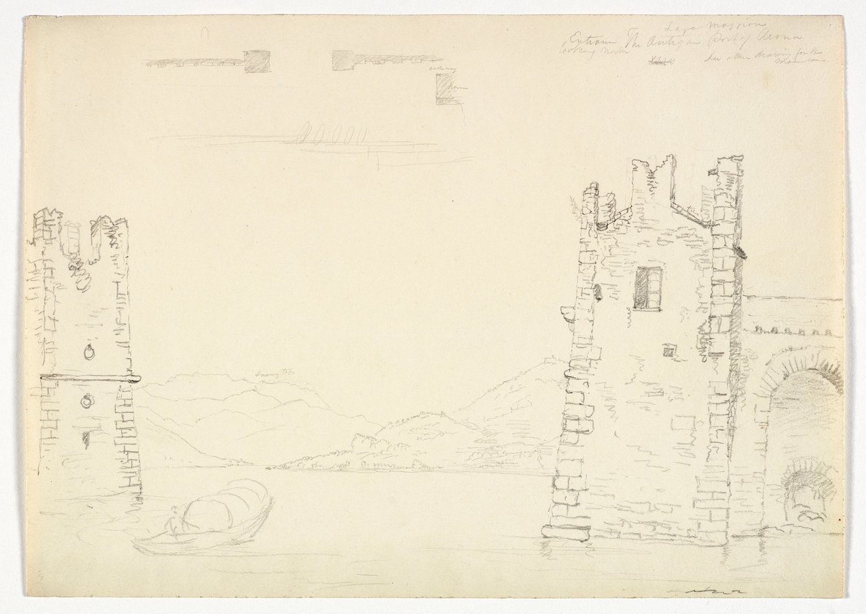 Antik havn i Arona, Lago Maggiore, 1842 (grafittblyant på vevd papir) av Thomas Cole
