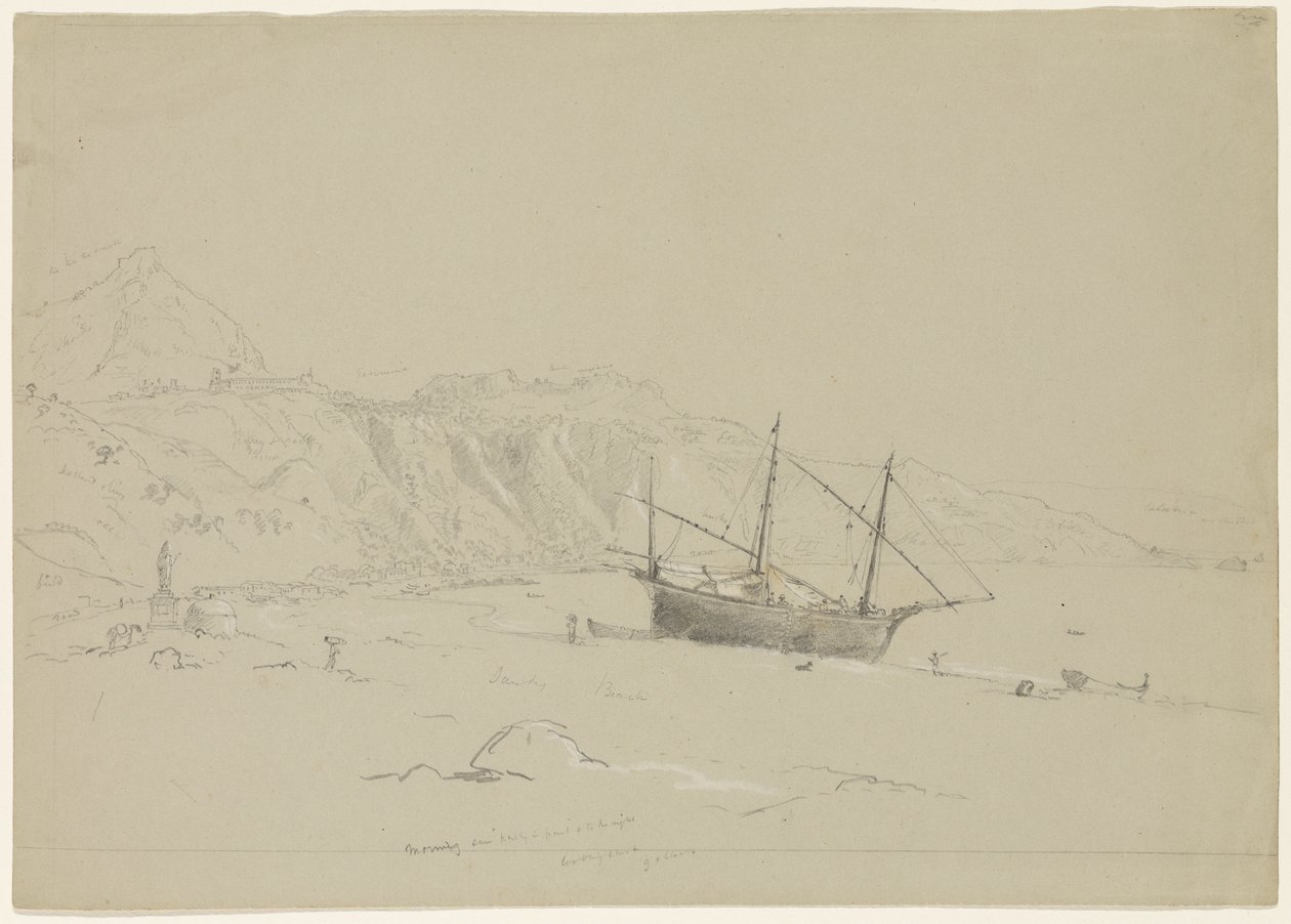Båt på en strand nær Taormina, Sicilia, 1842 (blyant forhøyet med hvitt kritt på papir) av Thomas Cole