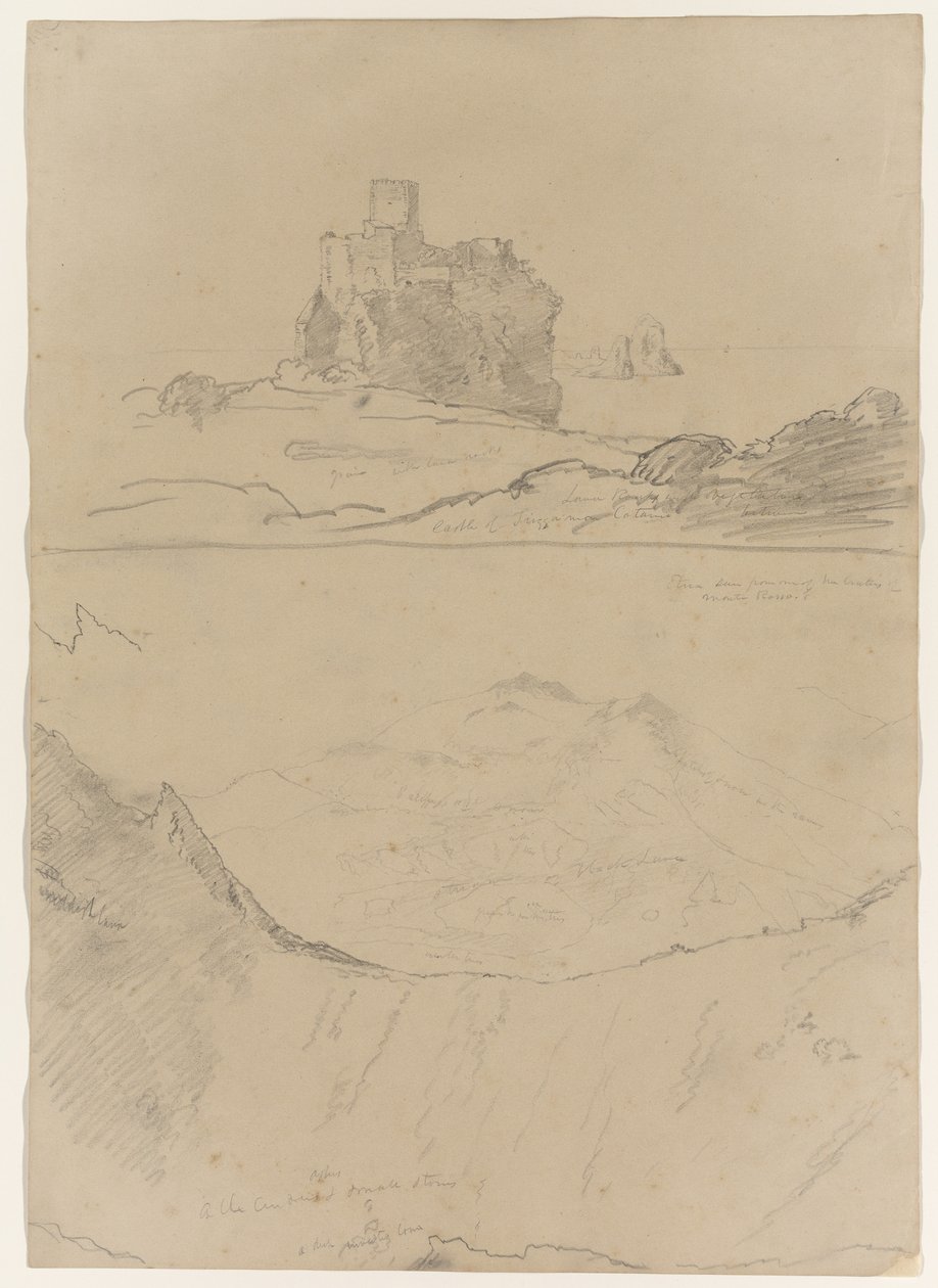 Slottet i Trezza nær Catania og Etna, sett fra Monte Rosso og også fra et av kraterne i Monte Rosso, Sicilia, 1842 av Thomas Cole