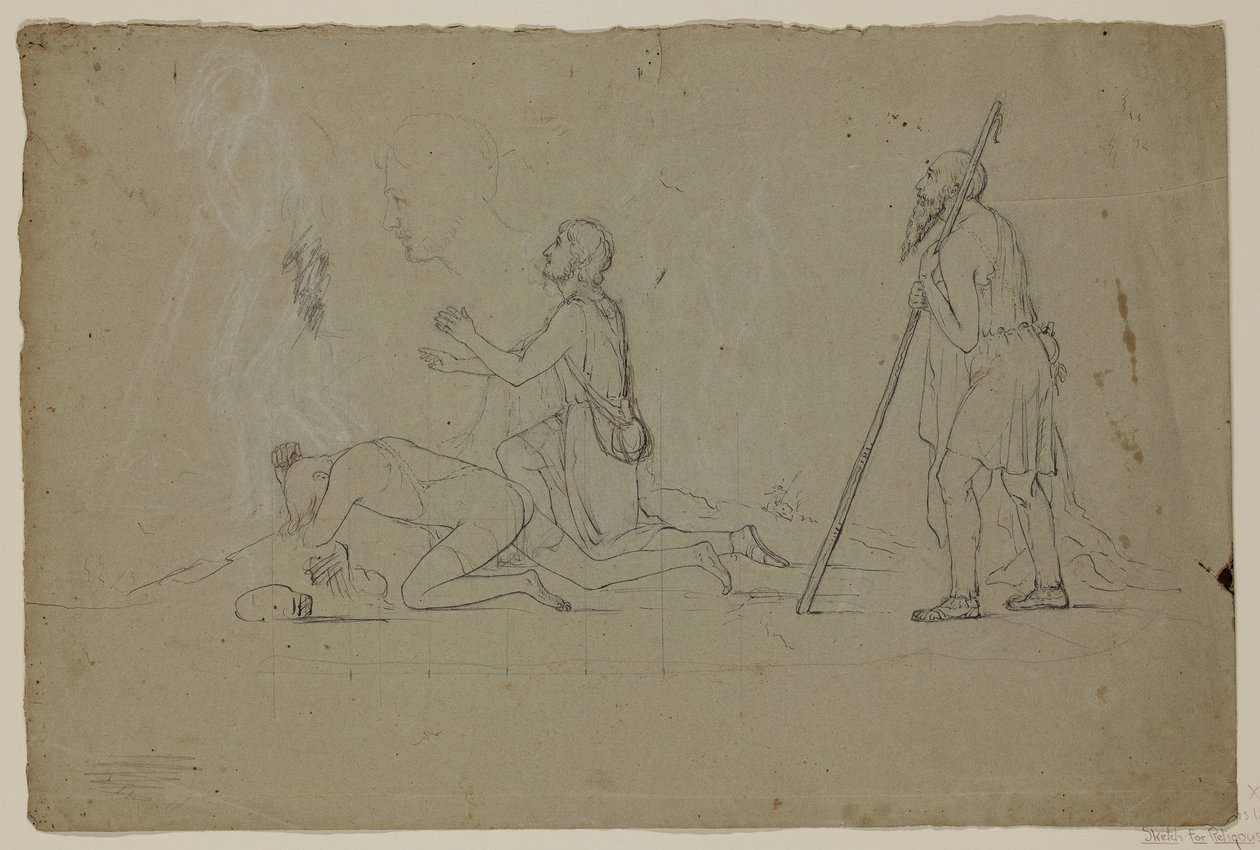 Composition Study of Three Shepherds, 1832-34 (penn og blekk med kritt over blyant på papir av Thomas Cole