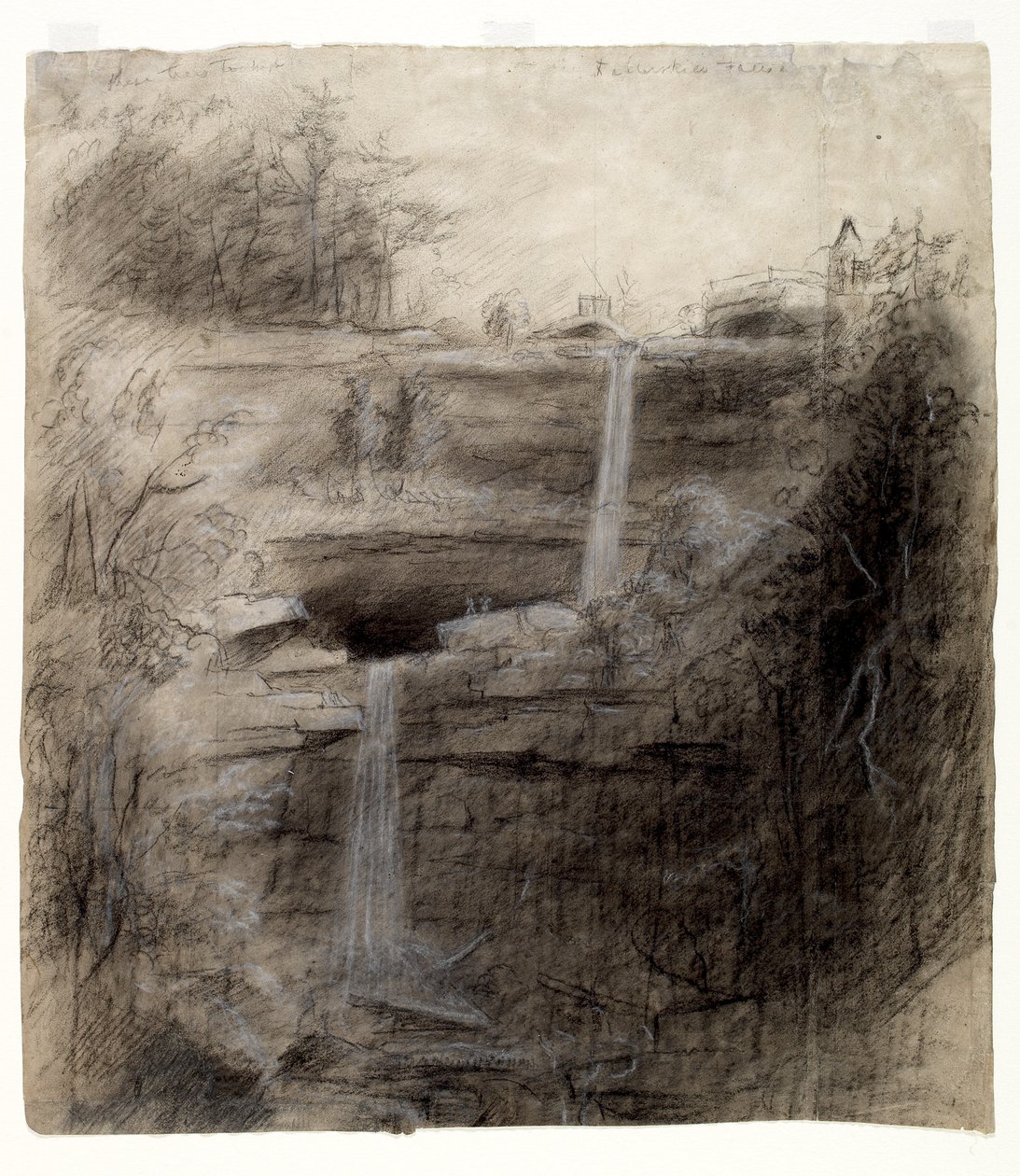 Double Waterfall - Kaaterskill Falls, 1826 (kull, svart-hvitt fargestift og grafittblyant på papir) av Thomas Cole