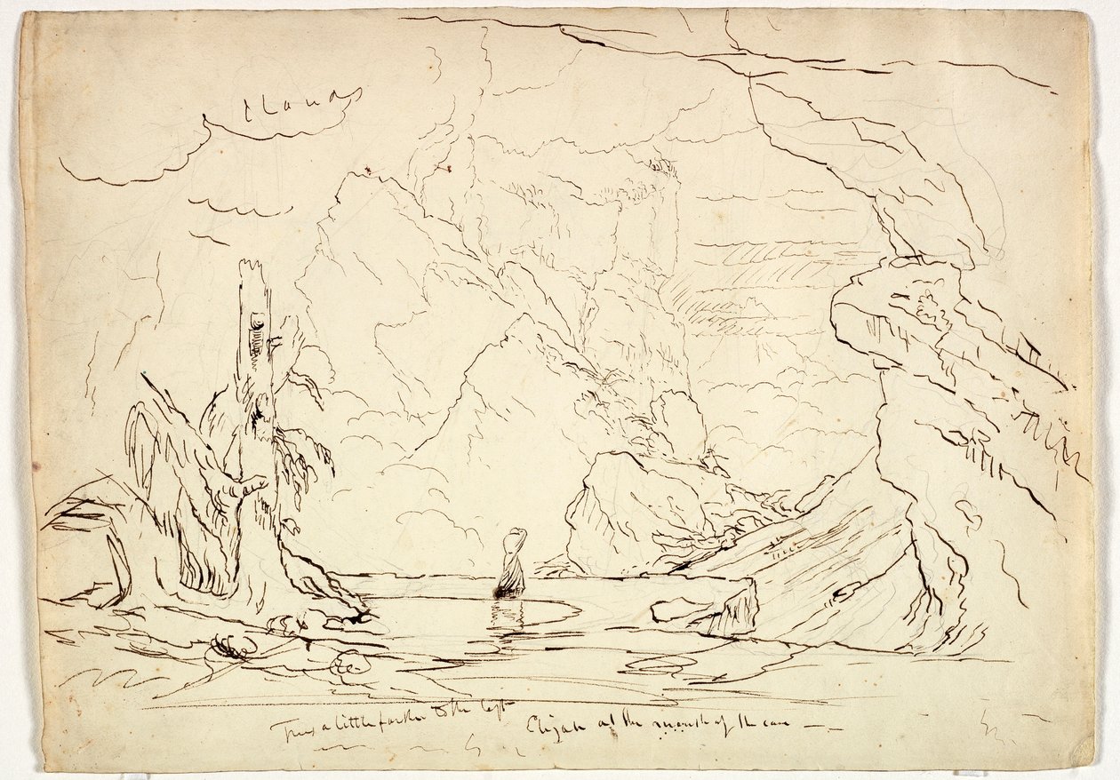 Elijah at the Mouth of the Cave, ca. 1829 (penn og blekk over grafitt på papir) av Thomas Cole