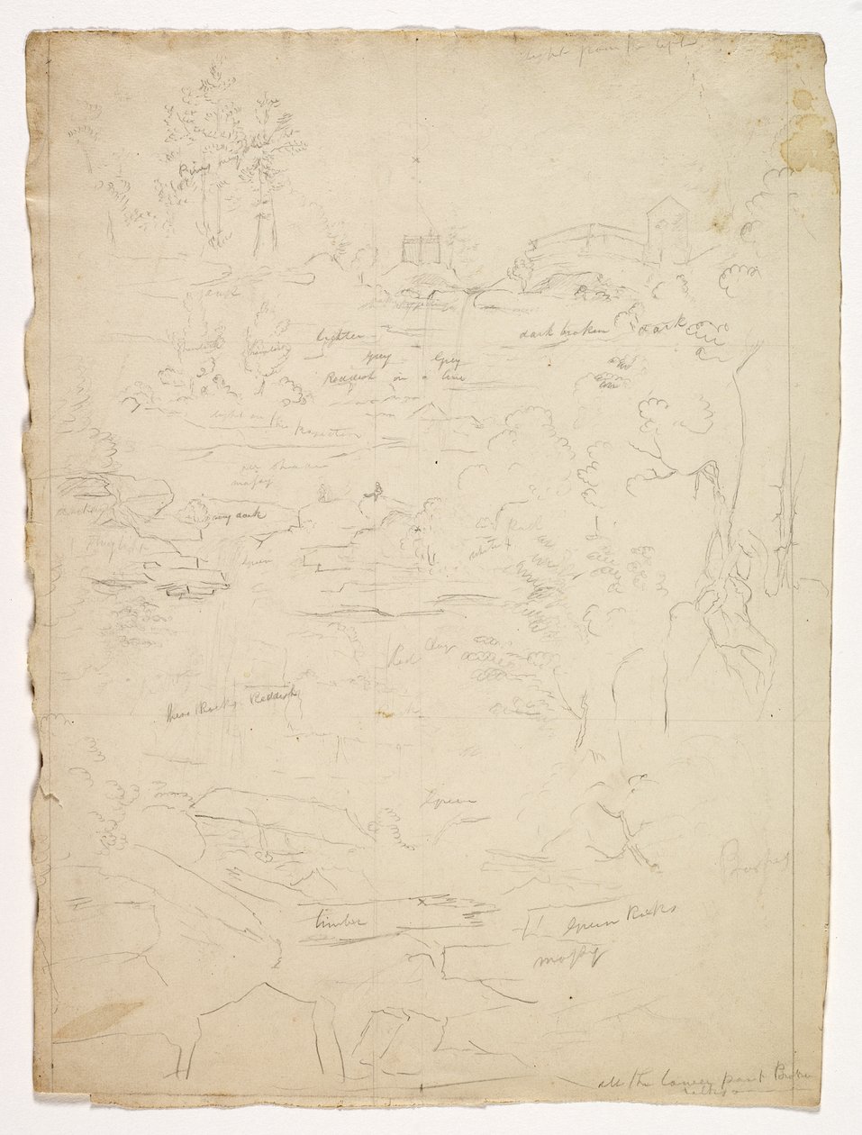 Fra toppen av Kaaterskill Falls, 1826 (grafittblyant på off-white vevd papir) av Thomas Cole