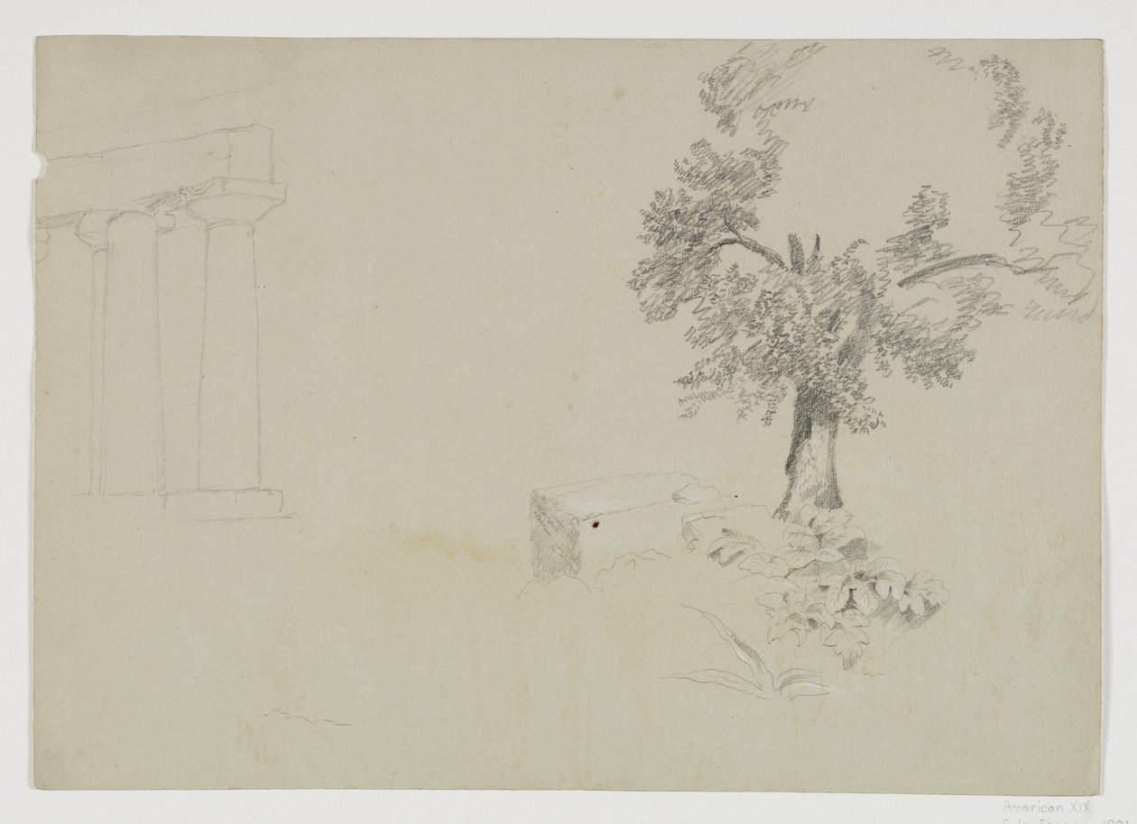 Girgenti, Sicilia, 1842 (blyant forsterket med hvitt kritt på papir) av Thomas Cole