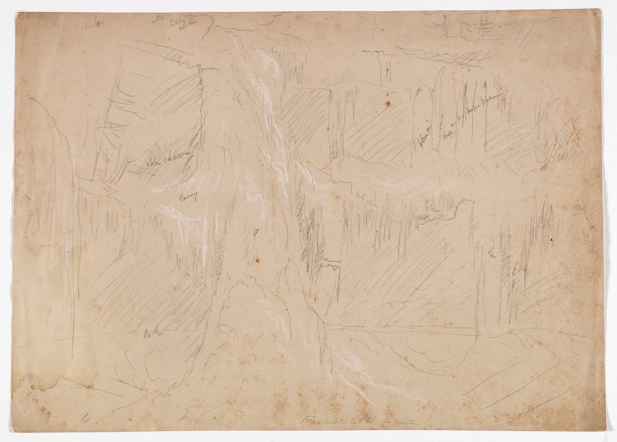 Kaaterskill Fall in Winter, 1843 (grafittblyant forsterket med hvitt kritt på papir) av Thomas Cole