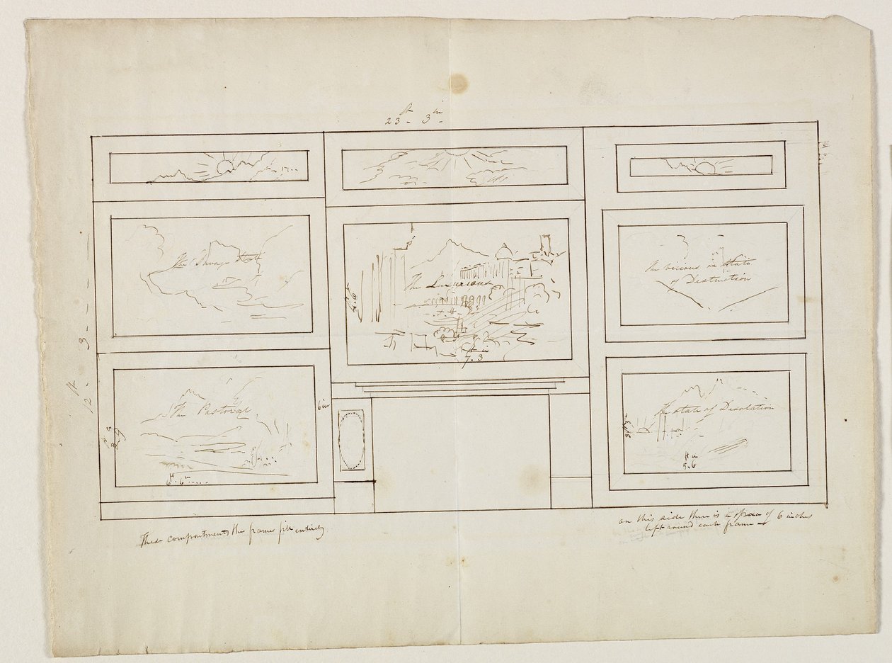 Layout for The Course of Empire, 1833 (penn og blekk over blyant på papir) av Thomas Cole