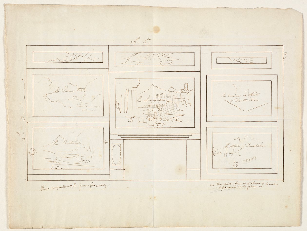 Layout for The Course of the Empire, 1833 (penn og brunt blekk over grafittblyant på off-white vevd papir) av Thomas Cole