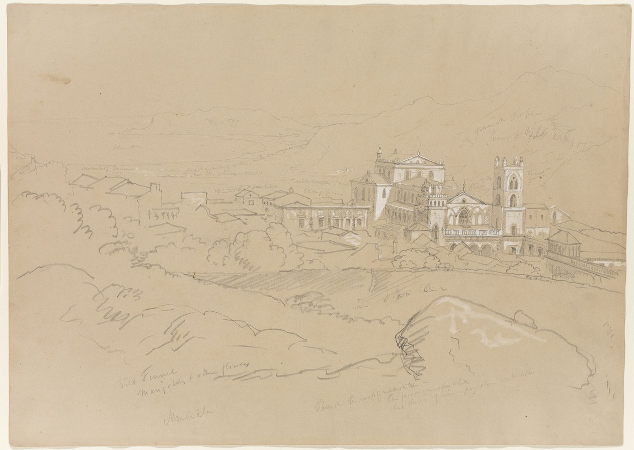 Monreale, Sicilia, 1842 (blyant forsterket med hvitt kritt på papir) av Thomas Cole