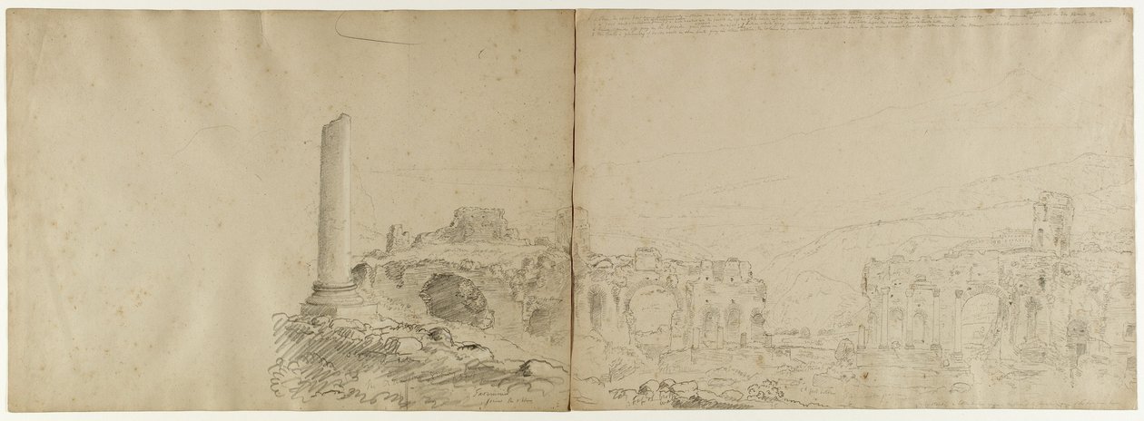 Etna fra Taormina, Sicilia, 1842 (blyant forhøyet med hvitt kritt på papir) av Thomas Cole