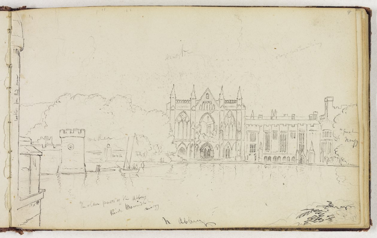 Newstead Abbey, Nottinghamshire, England, ca. 1830 (penn og svart blekk over grafittblyant på off-white vevd papir) av Thomas Cole